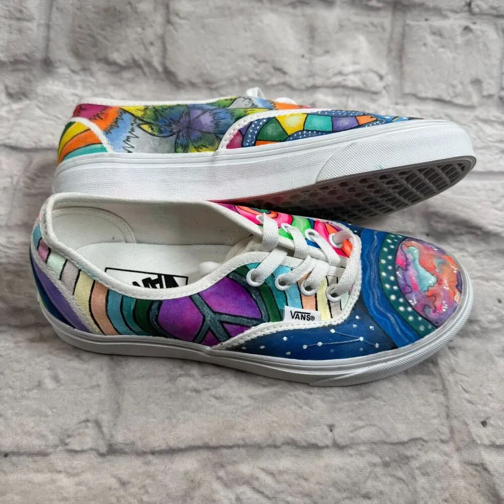 Custom Hand Painted Vans Sun Earth Mushrooms Peace Rainbow Women's Size 7 Shoes